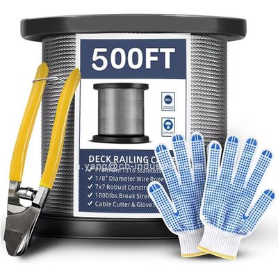Harga yang bagus Sertifikat ISO9001/ISO14001 T316 Kabel baja tahan karat 7x7 Strands 500FT Deck Railing SS Kabel Wire Rope dengan Cutter on line